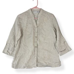Kim Rogers Linen Button Down Shirt Womens Petite Small PS 3/4 Sleeve Oatmeal
